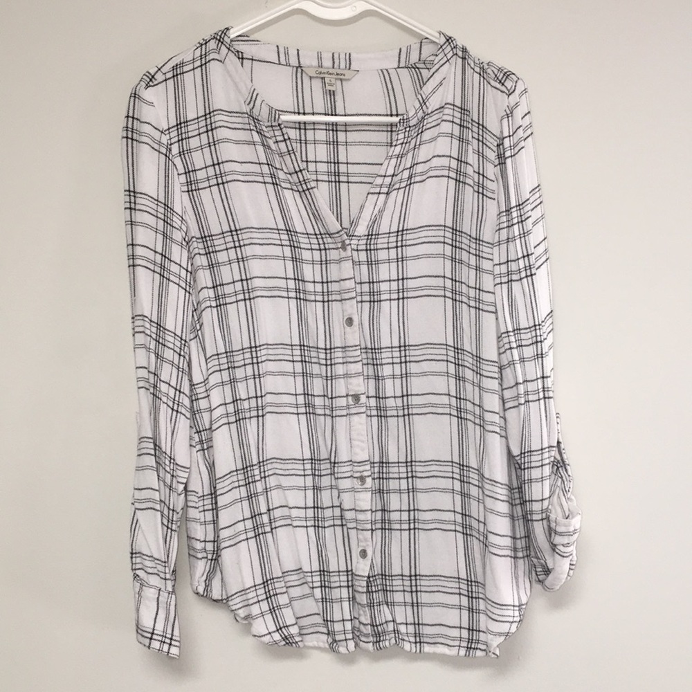 Calvin Klein Jeans White and Black Plaid Blouse
